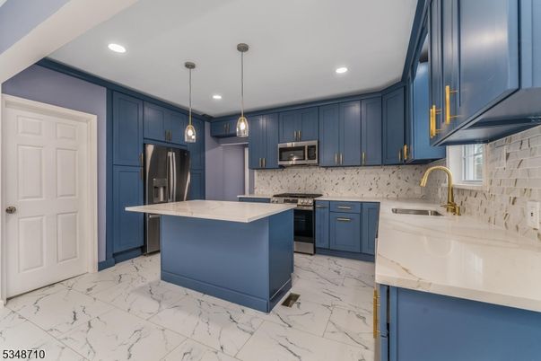 Interior, Kitchen, Marble, Pendant Lights, Recessed Lighting, Stainless Steel Appliances