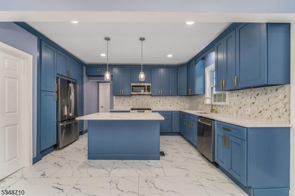 Interior, Kitchen, Marble, Pendant Lights, Recessed Lighting, Stainless Steel Appliances