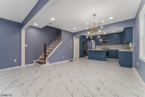 Interior, Kitchen, Marble, Pendant Lights, Recessed Lighting, Stainless Steel Appliances