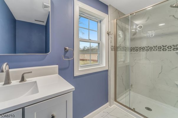 Bathroom, Glass Shower, Interior, Marble, Marble Walls, Recessed Lighting