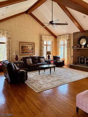 Fireplace, Interior, Living room, Stone Walls, Wooden Beams, Wood Texture Flooring