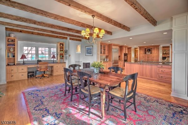 Chandelier, Dining room, Interior, Kitchen, Recessed Lighting, Wooden Beams, Wood Texture Flooring