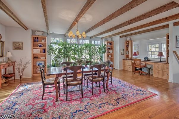 Chandelier, Dining room, Interior, Wooden Beams, Wood Texture Flooring