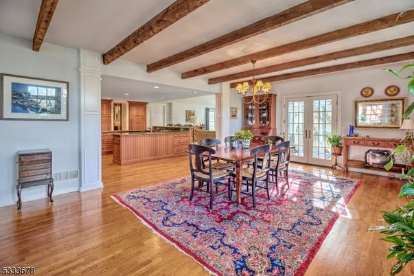 Chandelier, Dining room, Interior, Kitchen, Recessed Lighting, Wooden Beams, Wood Texture Flooring