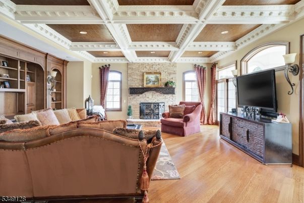 Fireplace, Interior, Living room, Recessed Lighting, Stone Walls, Wooden Ceilings, Wood Texture Flooring