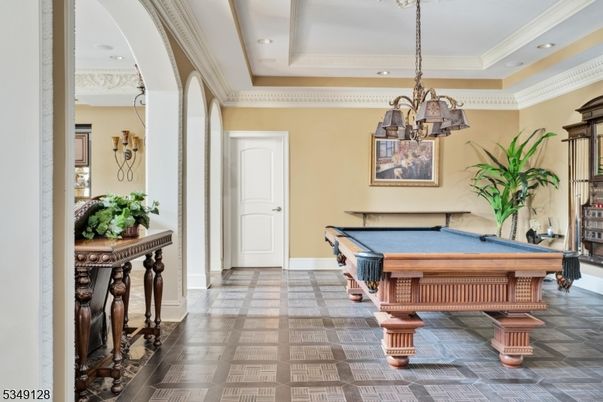 Billiard Table, Chandelier, Game Room, Interior, Recessed Lighting