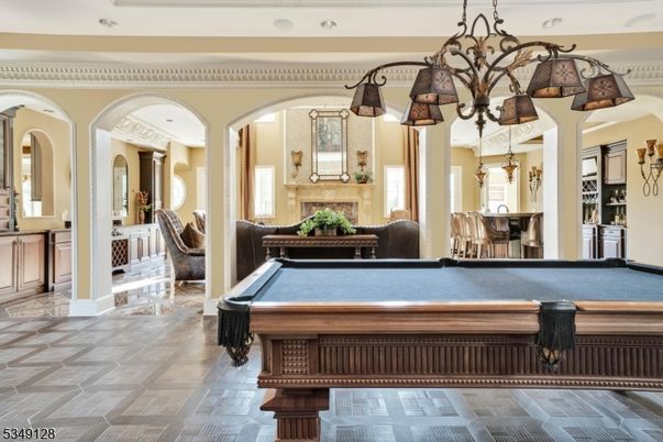 Billiard Table, Chandelier, Fireplace, Game Room, Interior, Recessed Lighting