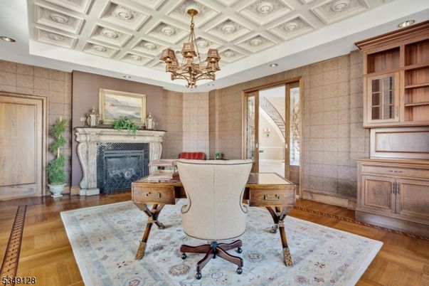 Chandelier, Fireplace, Home Office, Interior, Recessed Lighting, Wood Texture Flooring