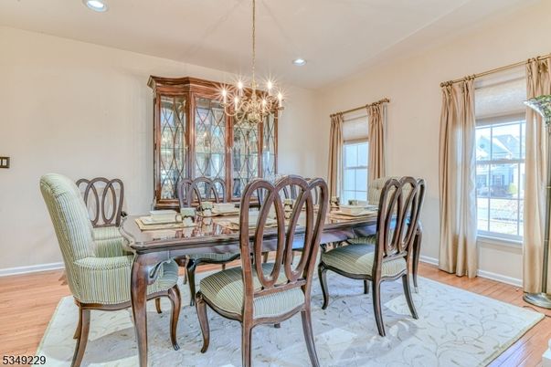 Chandelier, Dining room, Interior, Recessed Lighting, Wood Texture Flooring