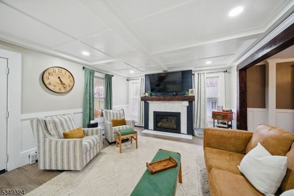 Fireplace, Interior, Living room, Recessed Lighting, Wood Texture Flooring