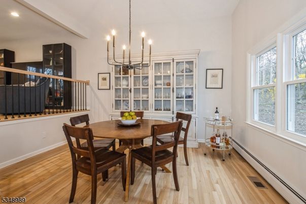 Chandelier, Dining room, Interior, Recessed Lighting, Wood Texture Flooring