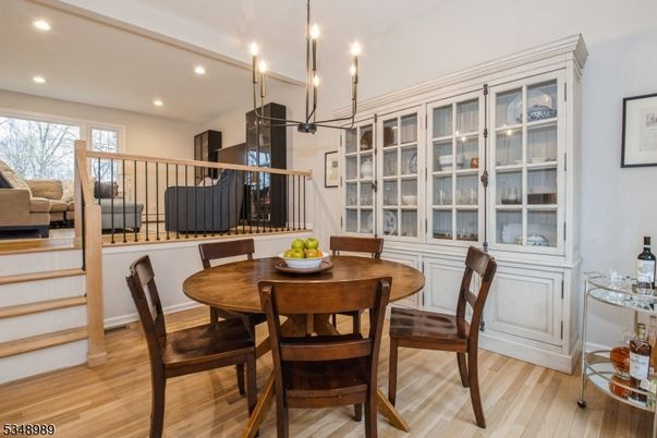 Dining room, Interior, Pendant Lights, Recessed Lighting, Wood Texture Flooring