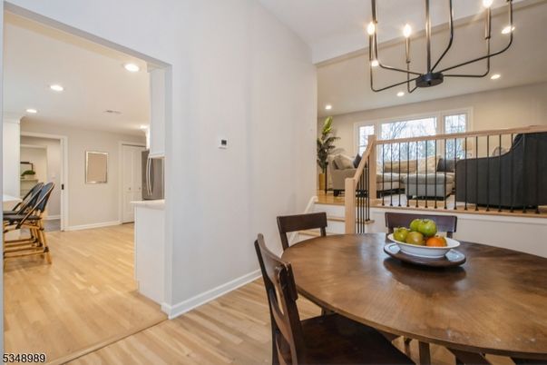 Chandelier, Dining room, Interior, Pendant Lights, Recessed Lighting, Wood Texture Flooring