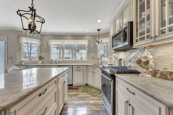 Chandelier, Interior, Kitchen, Pendant Lights, Recessed Lighting, Wood Texture Flooring