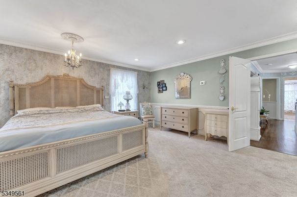Bedroom, Chandelier, Interior, Recessed Lighting, Wood Texture Flooring