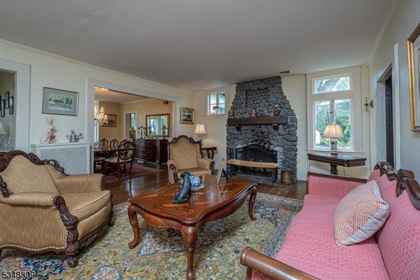 Chandelier, Dining room, Fireplace, Interior, Living room, Wood Texture Flooring