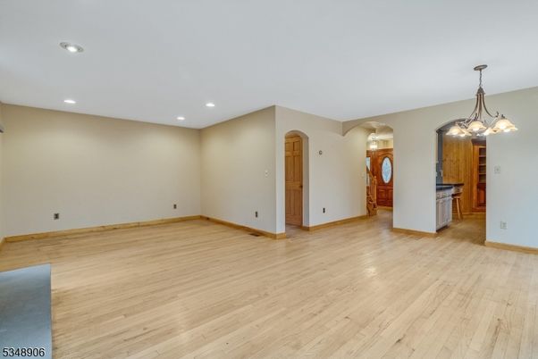 Chandelier, Empty room, Interior, Recessed Lighting, Wood Texture Flooring