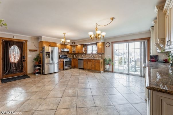 Chandelier, Interior, Kitchen, Stainless Steel Appliances