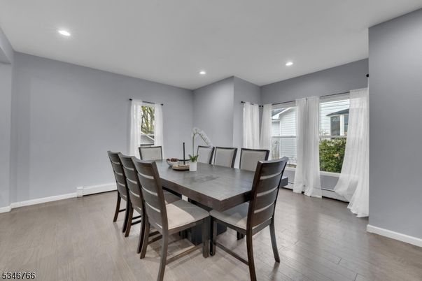 Dining room, Interior, Recessed Lighting, Wood Texture Flooring