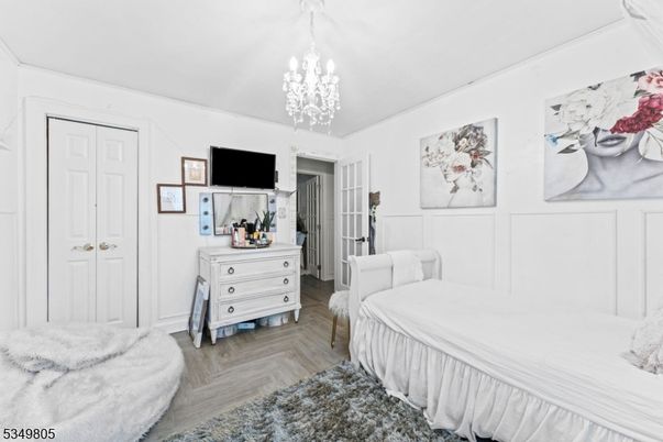 Bedroom, Chandelier, Interior, Wood Texture Flooring