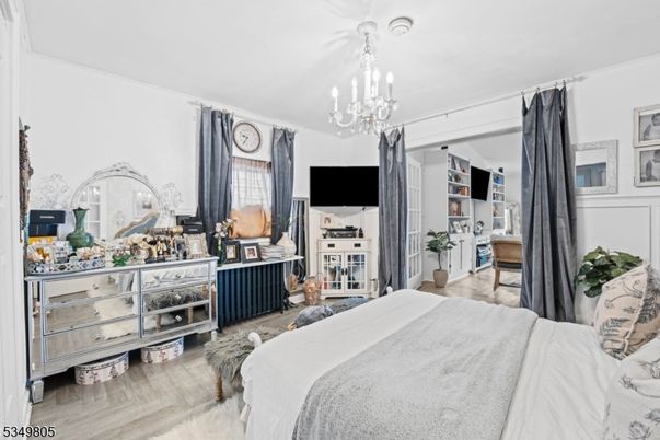 Bedroom, Chandelier, Interior, Wood Texture Flooring