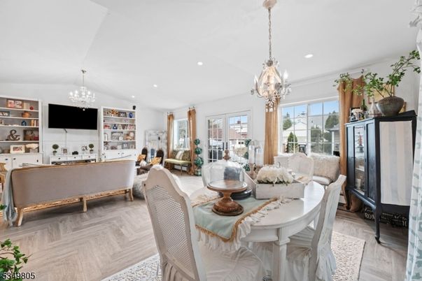 Chandelier, Dining room, Interior, Living room, Recessed Lighting, Wood Texture Flooring