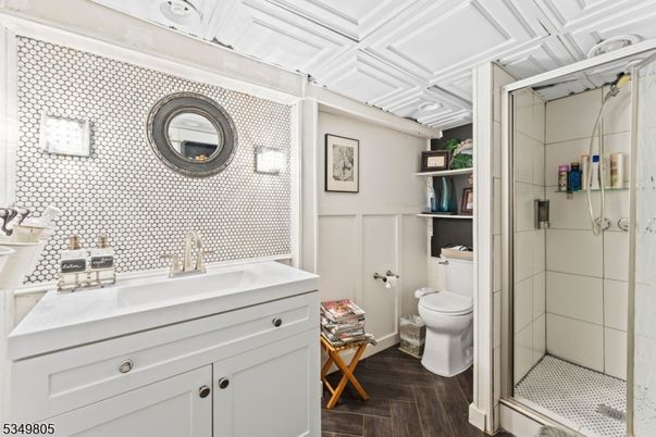 Bathroom, Glass Shower, Interior, Wood Texture Flooring