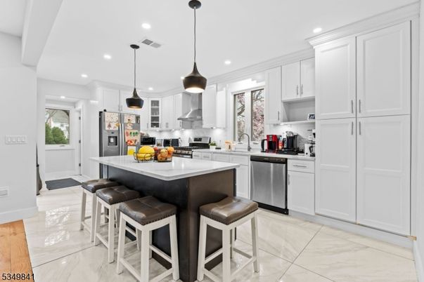 Interior, Kitchen, Marble, Pendant Lights, Recessed Lighting, Stainless Steel Appliances
