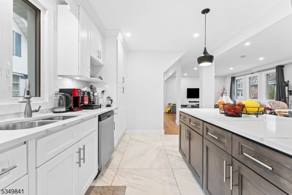 Interior, Kitchen, Marble, Pendant Lights, Recessed Lighting, Stainless Steel Appliances