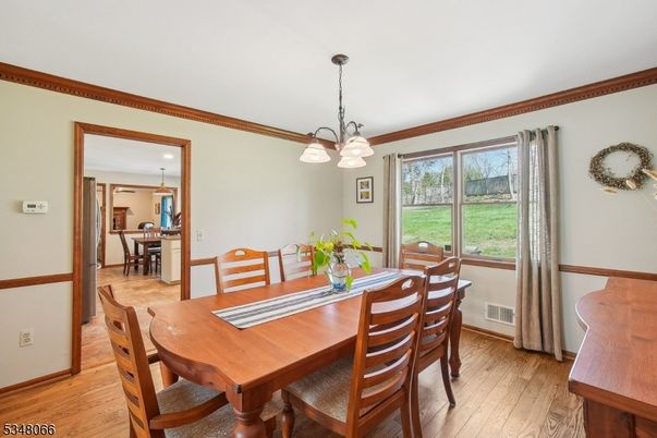 Dining room, Interior, Pendant Lights, Wood Texture Flooring