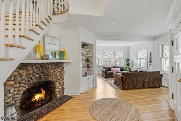 Fireplace, Interior, Living room, Recessed Lighting, Wood Texture Flooring