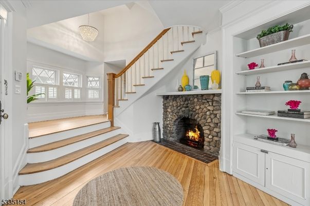 Fireplace, Interior, Pendant Lights, Wood Texture Flooring