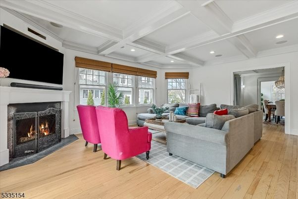 Dining room, Fireplace, Interior, Living room, Recessed Lighting, Wood Texture Flooring