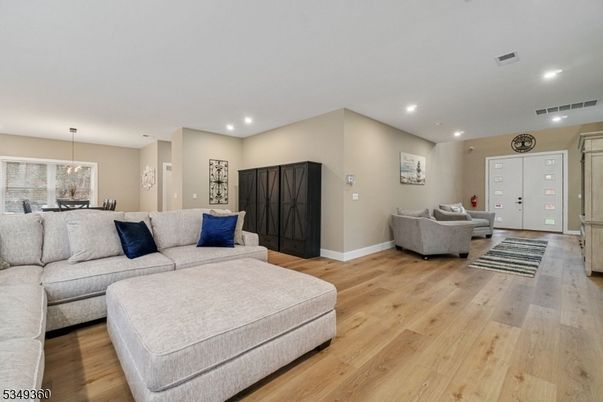 Dining room, Interior, Living room, Pendant Lights, Recessed Lighting, Wood Texture Flooring