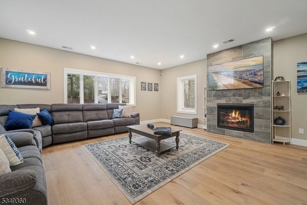 Fireplace, Interior, Living room, Recessed Lighting, Wood Texture Flooring
