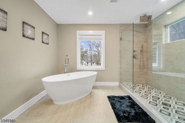 Bathroom, Free Standing Baths, Glass Shower, Interior, Recessed Lighting, Wood Texture Flooring