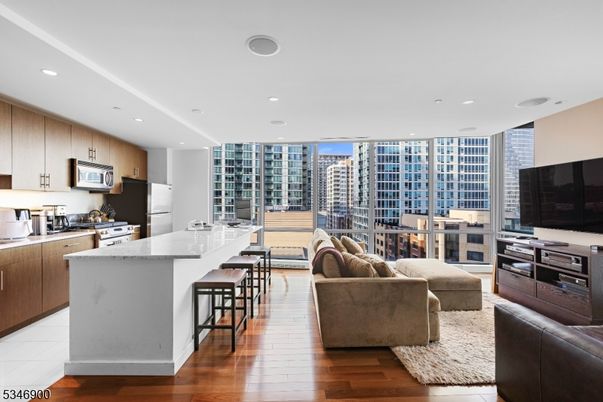 Interior, Kitchen, Living room, Recessed Lighting, Stainless Steel Appliances, Wood Texture Flooring