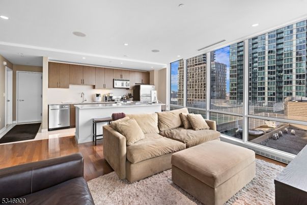 Interior, Kitchen, Living room, Recessed Lighting, Stainless Steel Appliances, Wood Texture Flooring