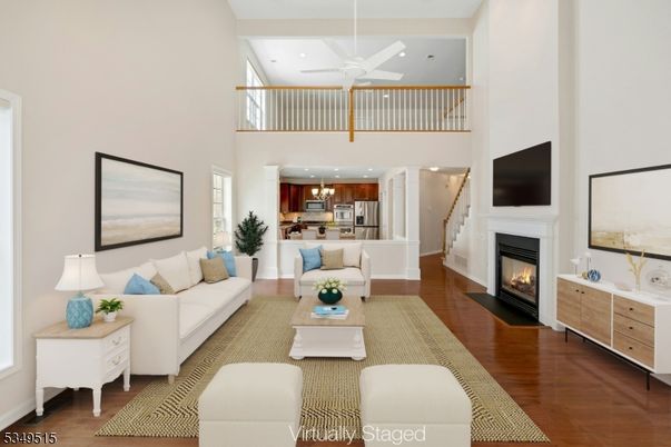 Fireplace, Interior, Kitchen, Living room, Recessed Lighting, Wood Texture Flooring