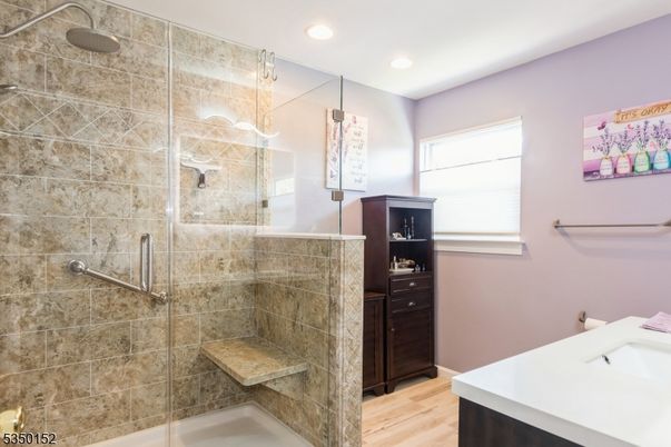 Bathroom, Glass Shower, Interior, Recessed Lighting, Wood Texture Flooring