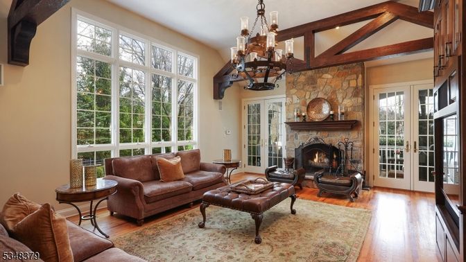 Chandelier, Fireplace, Interior, Living room, Stone Walls, Wooden Beams, Wood Texture Flooring