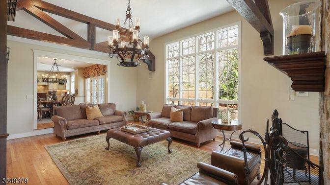 Chandelier, Dining room, Interior, Living room, Wooden Beams, Wood Texture Flooring