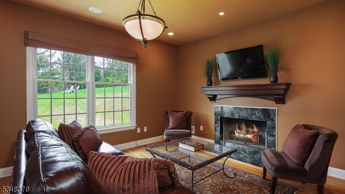 Fireplace, Interior, Living room, Pendant Lights, Recessed Lighting, Wood Texture Flooring
