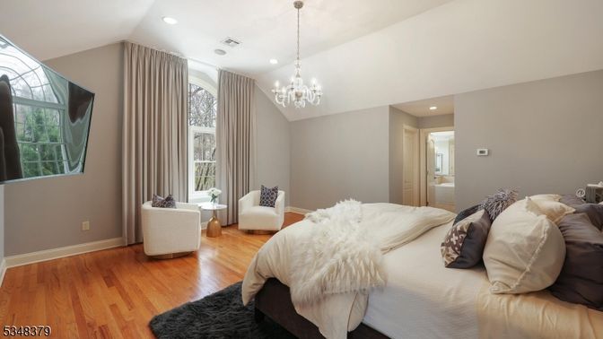 Bedroom, Chandelier, Interior, Recessed Lighting, Wood Texture Flooring