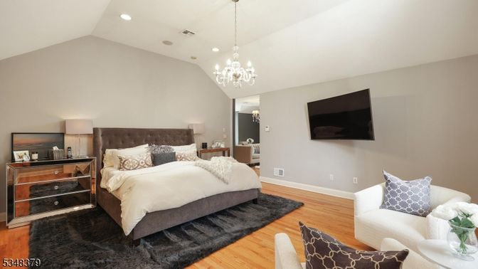 Bedroom, Chandelier, Interior, Recessed Lighting, Wood Texture Flooring