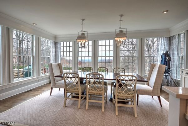 Dining room, Interior, Pendant Lights, Recessed Lighting, Wood Texture Flooring