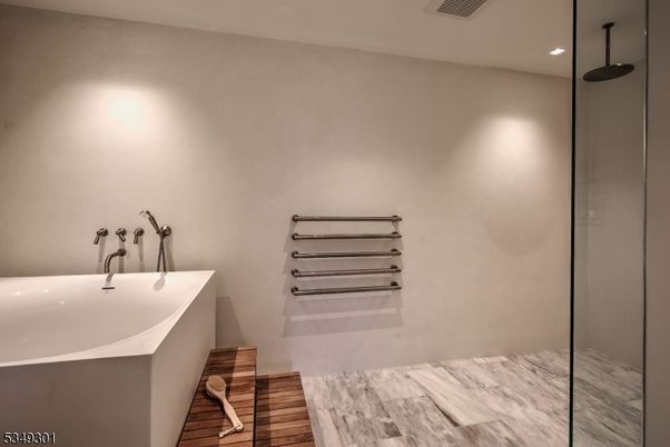 Bathroom, Glass Shower, Interior, Recessed Lighting, Wood Texture Flooring