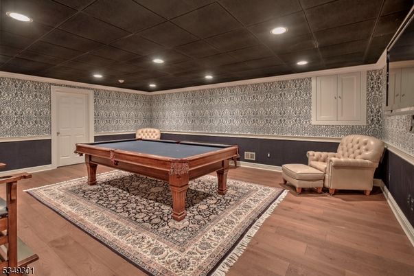 Billiard Table, Game Room, Interior, Recessed Lighting, Wood Texture Flooring