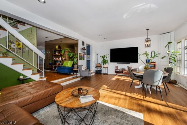 Dining room, Interior, Living room, Pendant Lights, Recessed Lighting, Wood Texture Flooring