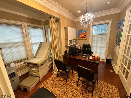 Chandelier, Home Office, Interior, Recessed Lighting, Wood Texture Flooring